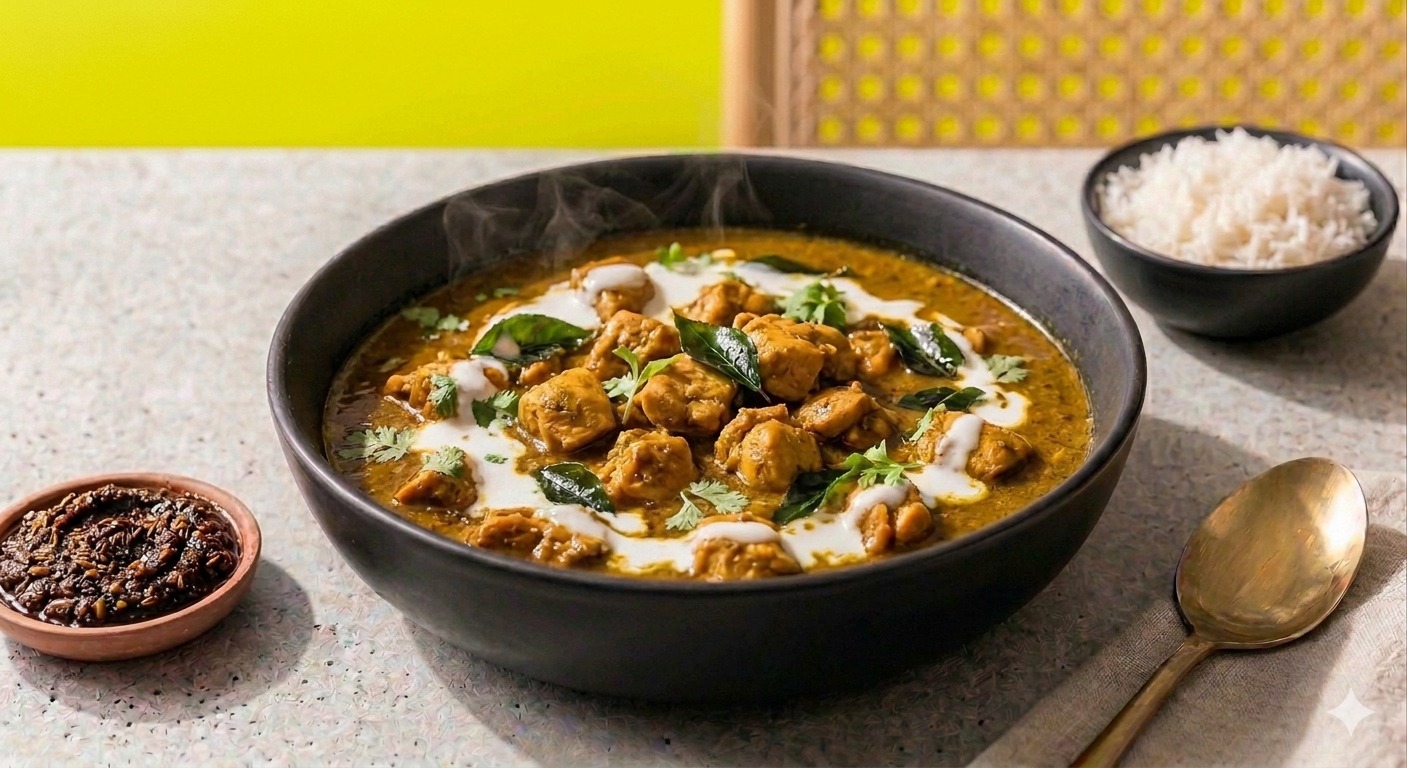 Kerala chicken curry in a pan — made with basha. Roasted Curry Paste